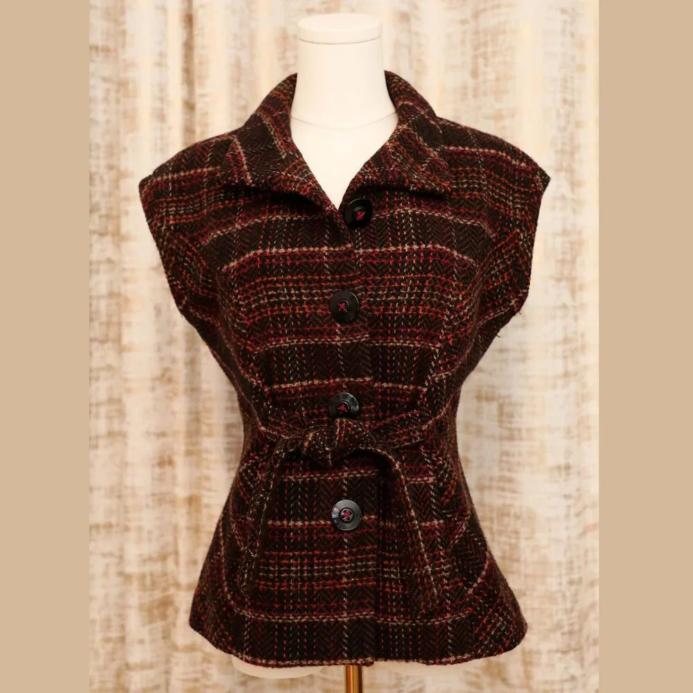 CAbi Brown and Raspberry Plaid "Cinch It Up" Vest Size S (Style 691) - Picture 1 of 3